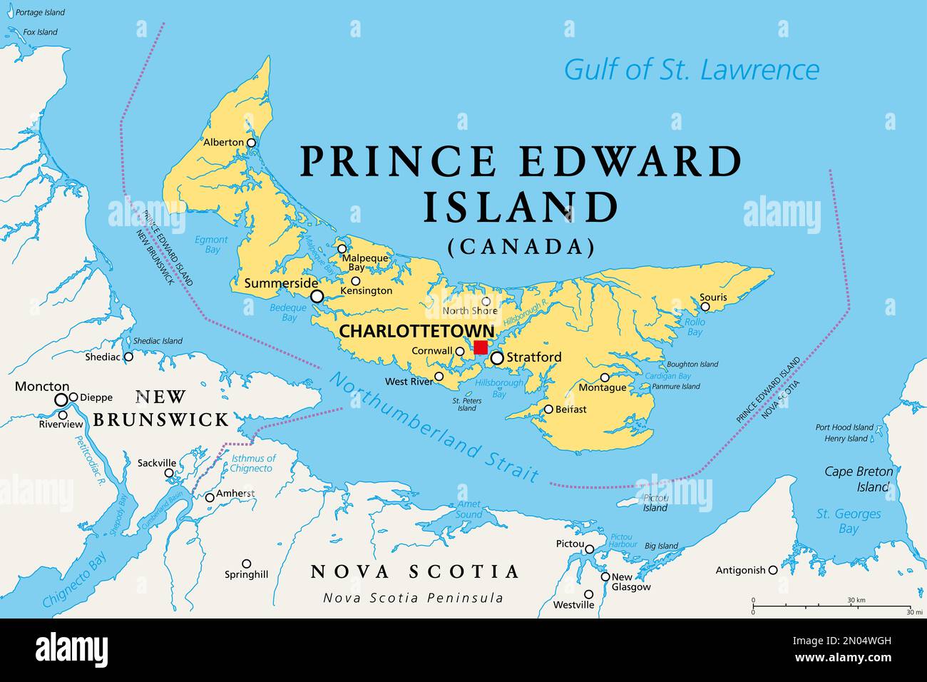 Prince Edward Island, Maritime and Atlantic province of Canada, political map. The Island, located in the Gulf of St. Lawrence. Stock Photo