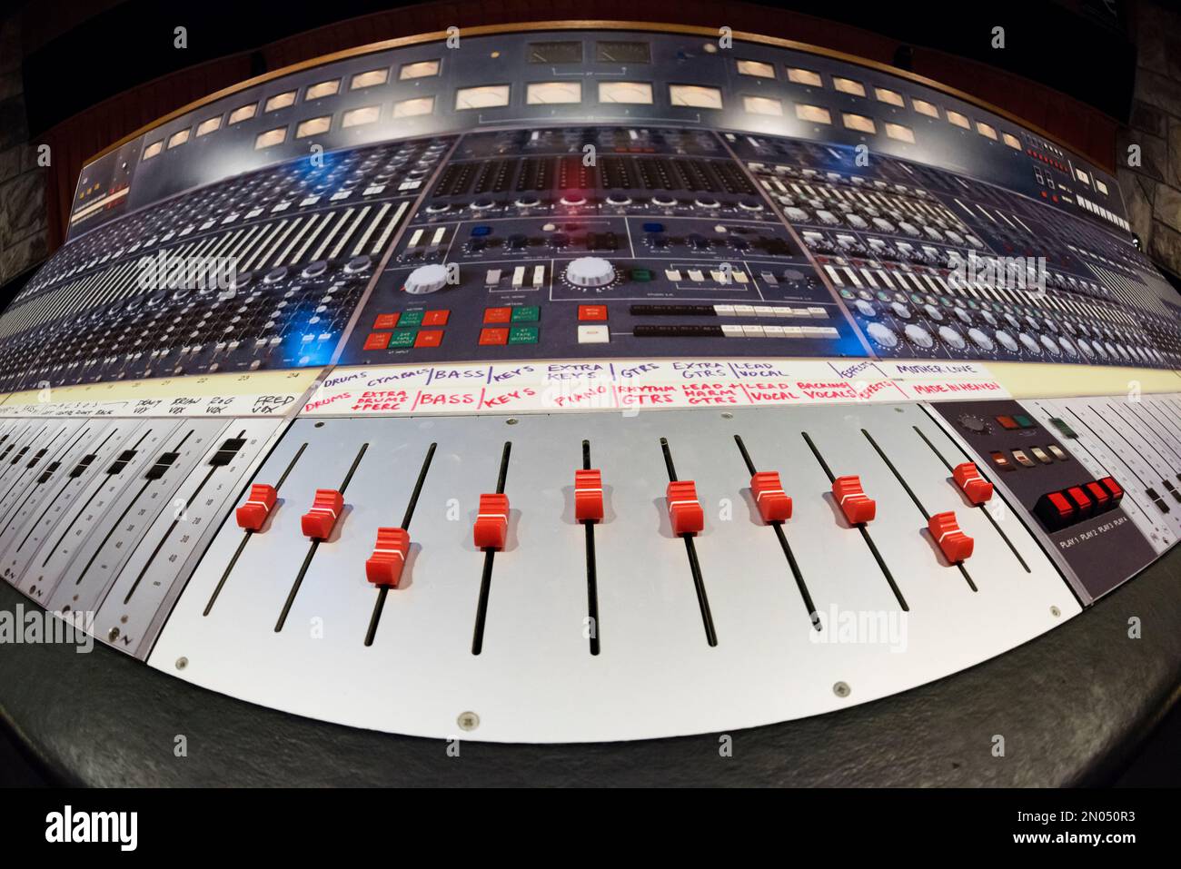 Vintage audio recording equipment in a professional analog recording studio. Picture taken at the Mountain View Studio at Montreux, Switzerland. Stock Photo