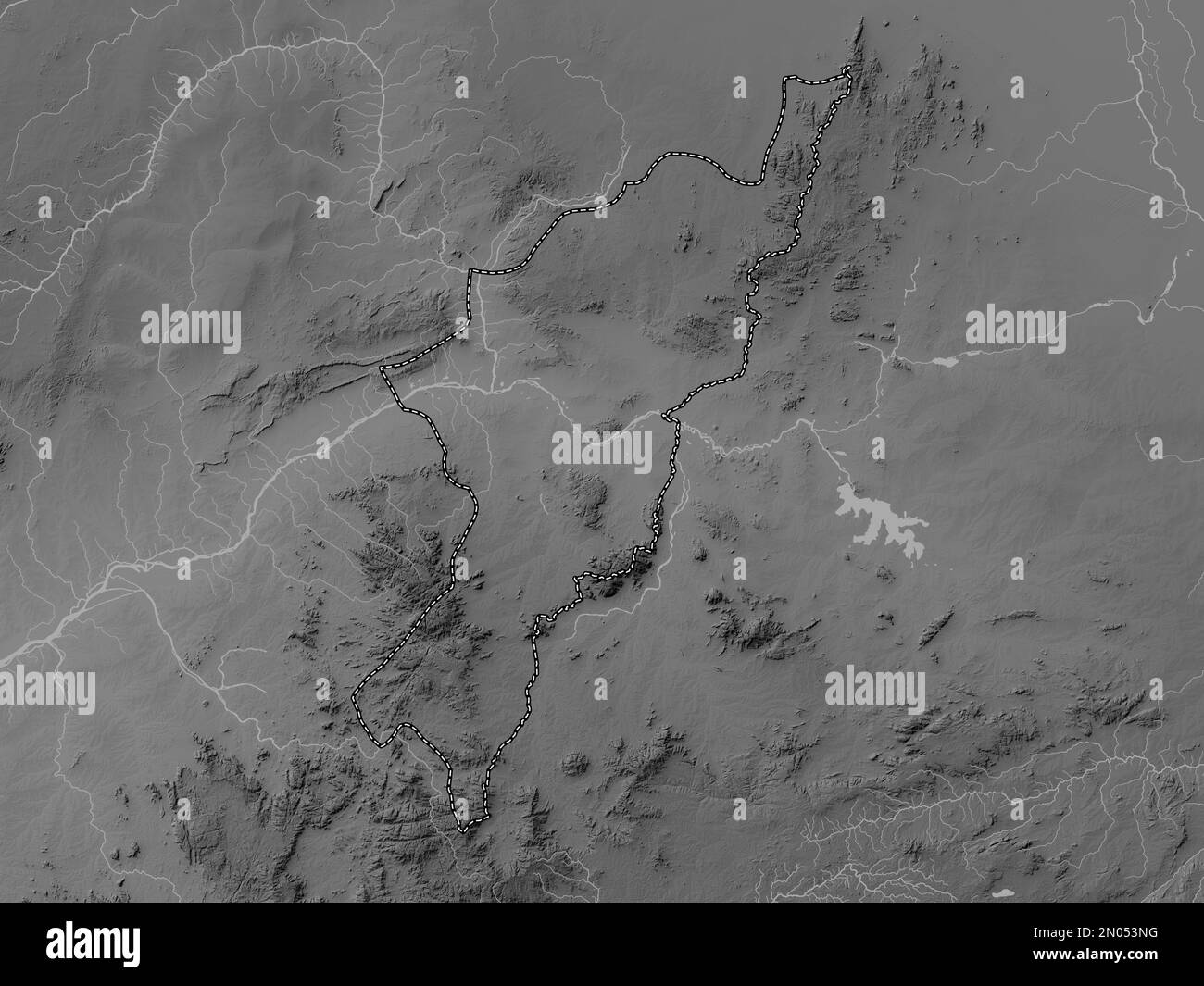 Adamawa, state of Nigeria. Grayscale elevation map with lakes and rivers Stock Photo