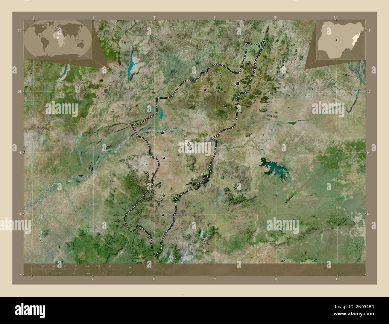 Adamawa, state of Nigeria. High resolution satellite map. Locations of major cities of the region. Corner auxiliary location maps Stock Photo