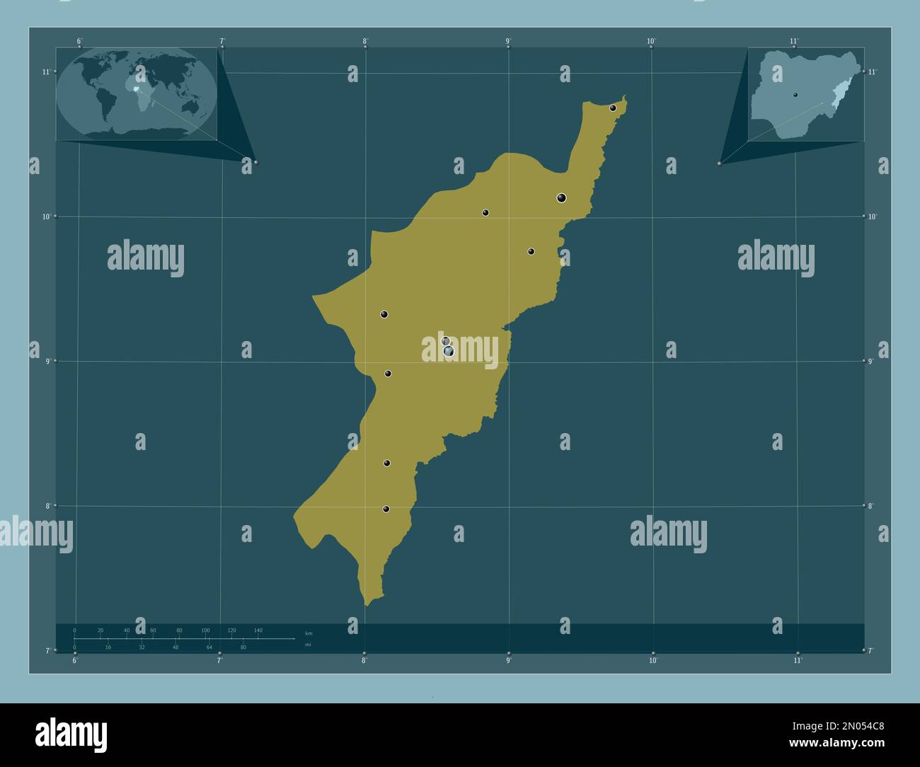 Adamawa, state of Nigeria. Solid color shape. Locations of major cities