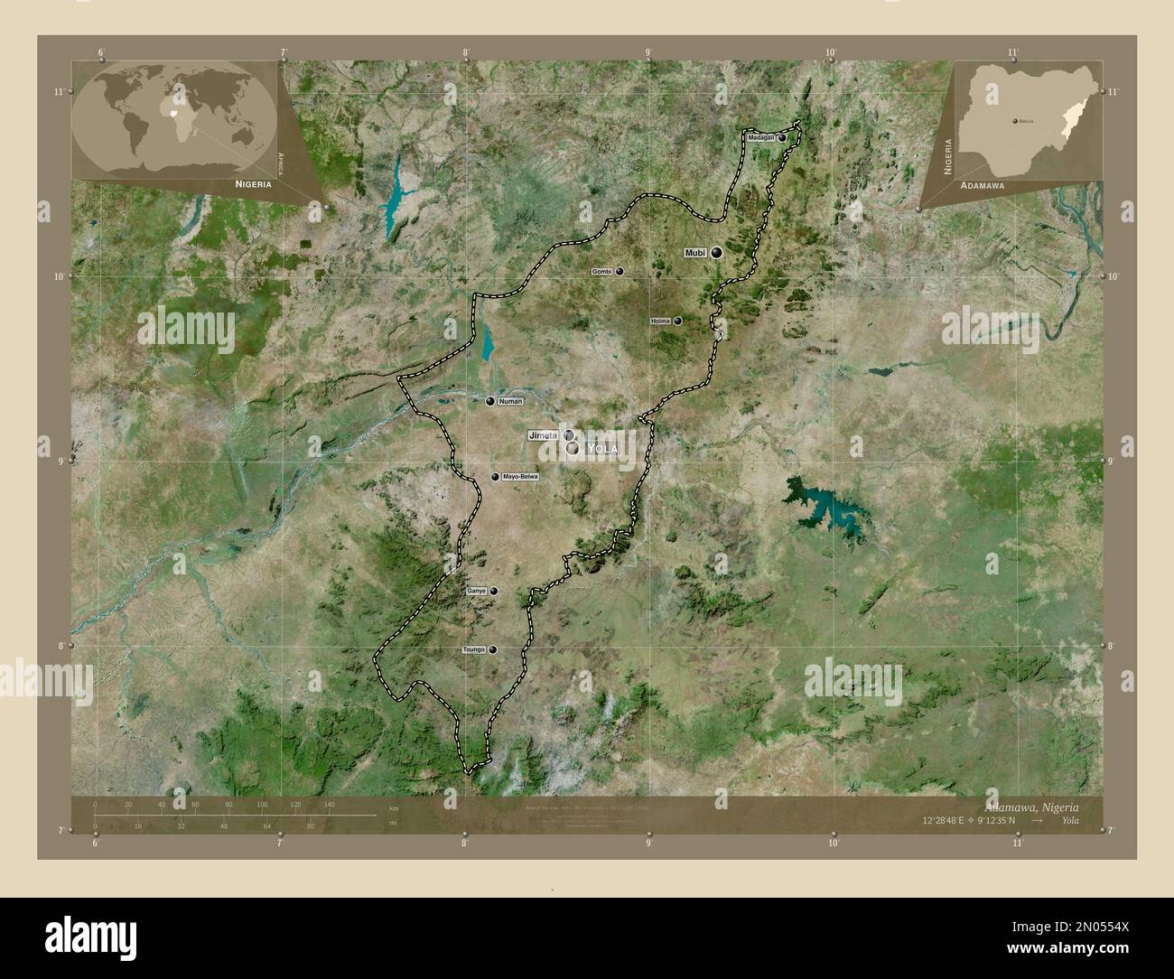 Adamawa, state of Nigeria. High resolution satellite map. Locations and names of major cities of the region. Corner auxiliary location maps Stock Photo