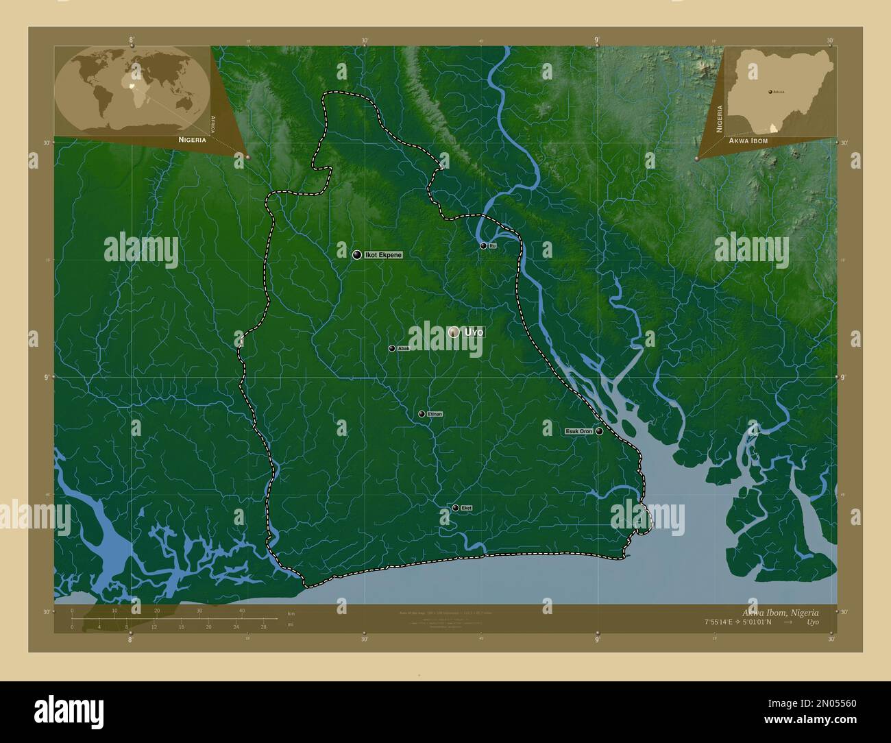 Akwa Ibom State Of Nigeria Colored Elevation Map With Lakes And 