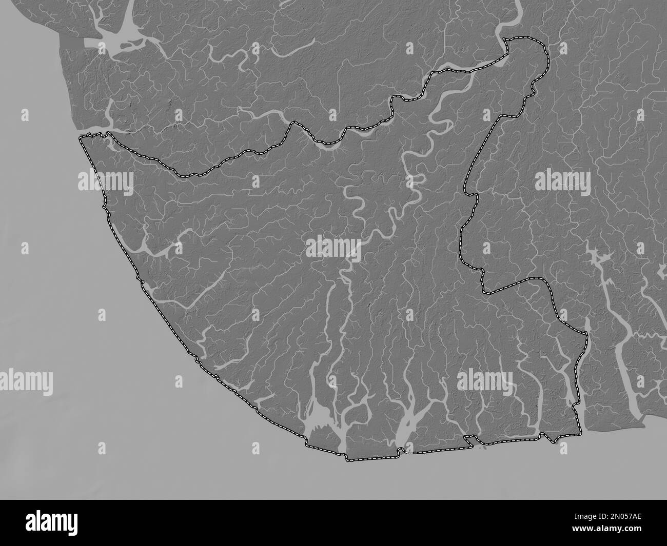 Bayelsa, state of Nigeria. Bilevel elevation map with lakes and rivers