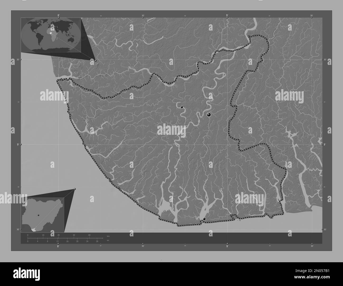 Bayelsa, state of Nigeria. Bilevel elevation map with lakes and rivers. Locations of major