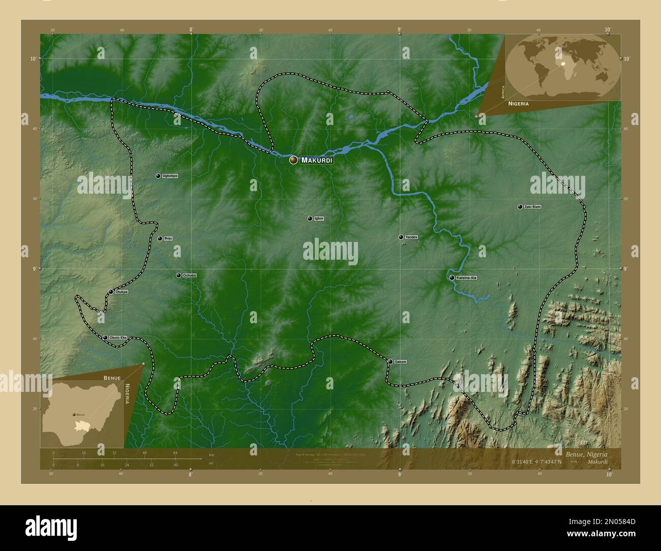 Benue, state of Nigeria. Colored elevation map with lakes and rivers