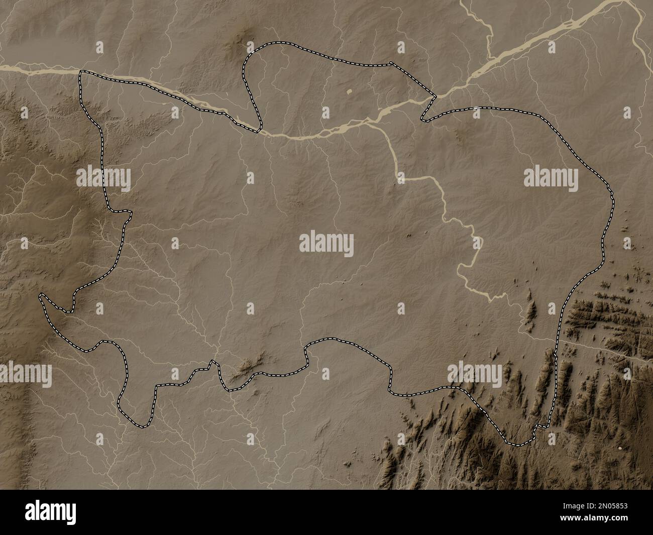 Benue, state of Nigeria. Elevation map colored in sepia tones with