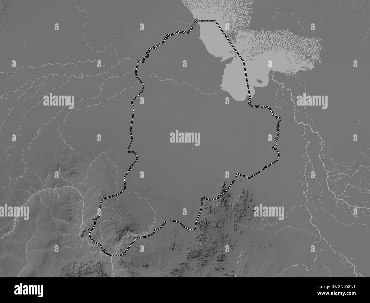 Borno, state of Nigeria. Grayscale elevation map with lakes and rivers Stock Photo