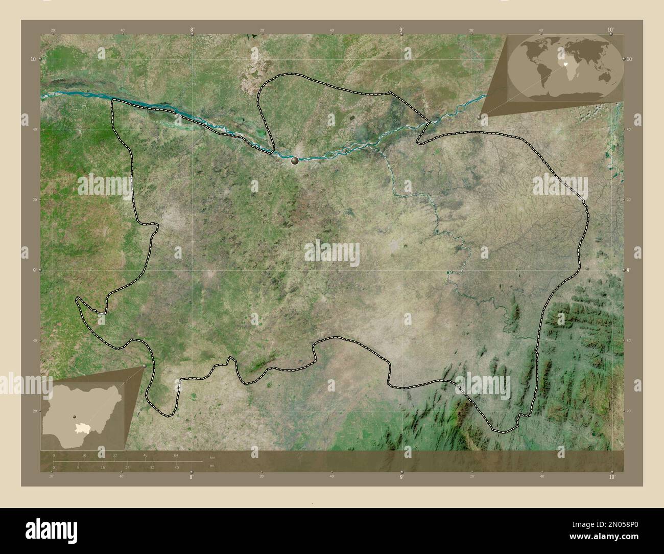 Benue, state of Nigeria. High resolution satellite map. Corner