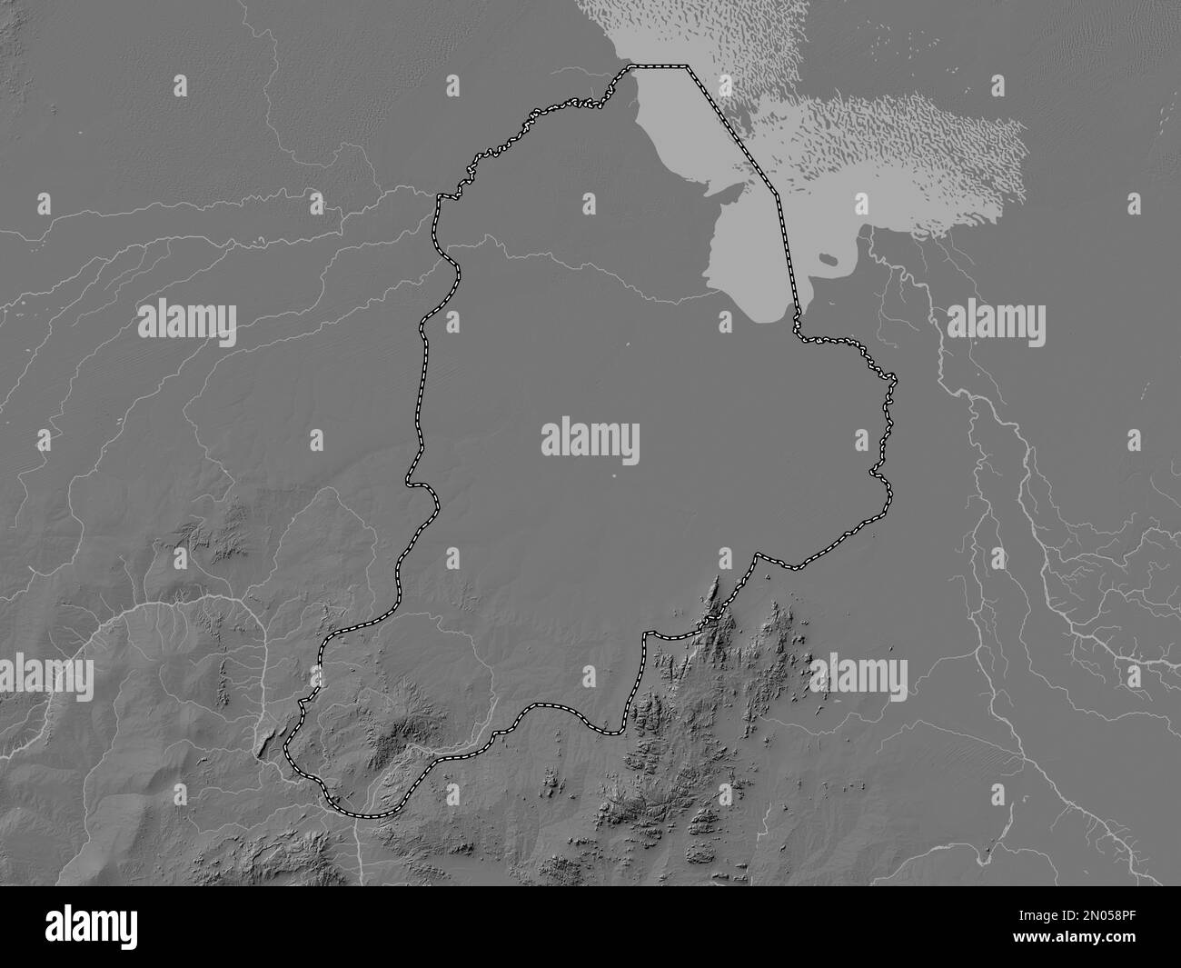 Borno, state of Nigeria. Bilevel elevation map with lakes and rivers Stock Photo