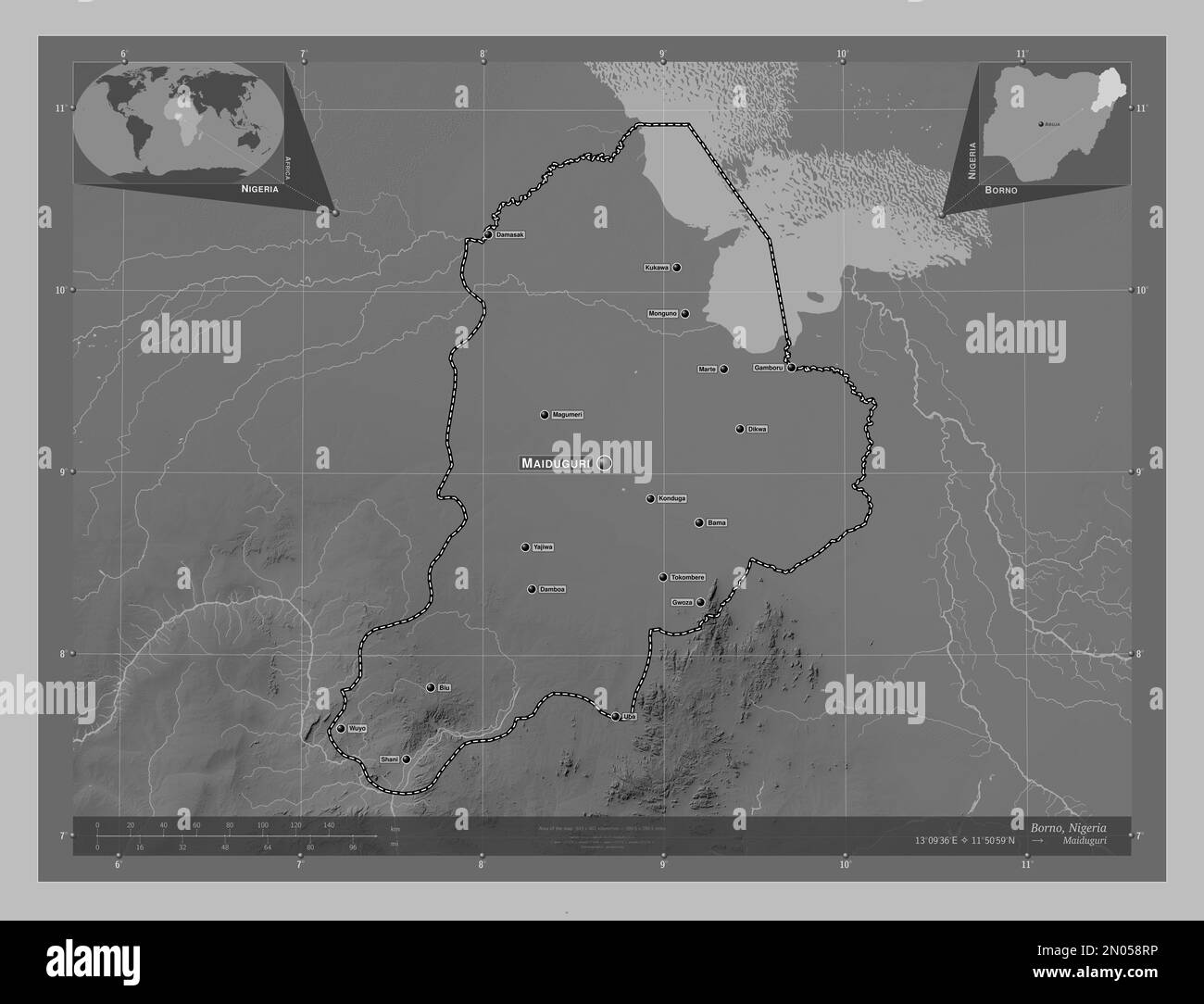 Borno, state of Nigeria. Grayscale elevation map with lakes and rivers. Locations and names of major cities of the region. Corner auxiliary location m Stock Photo