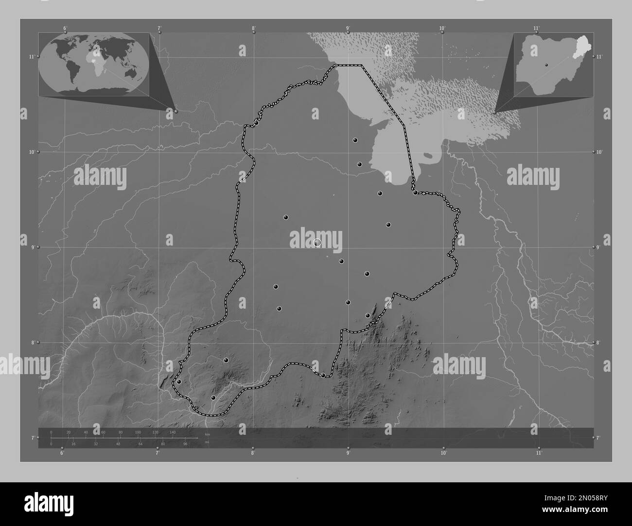 Borno, state of Nigeria. Grayscale elevation map with lakes and rivers. Locations of major cities of the region. Corner auxiliary location maps Stock Photo