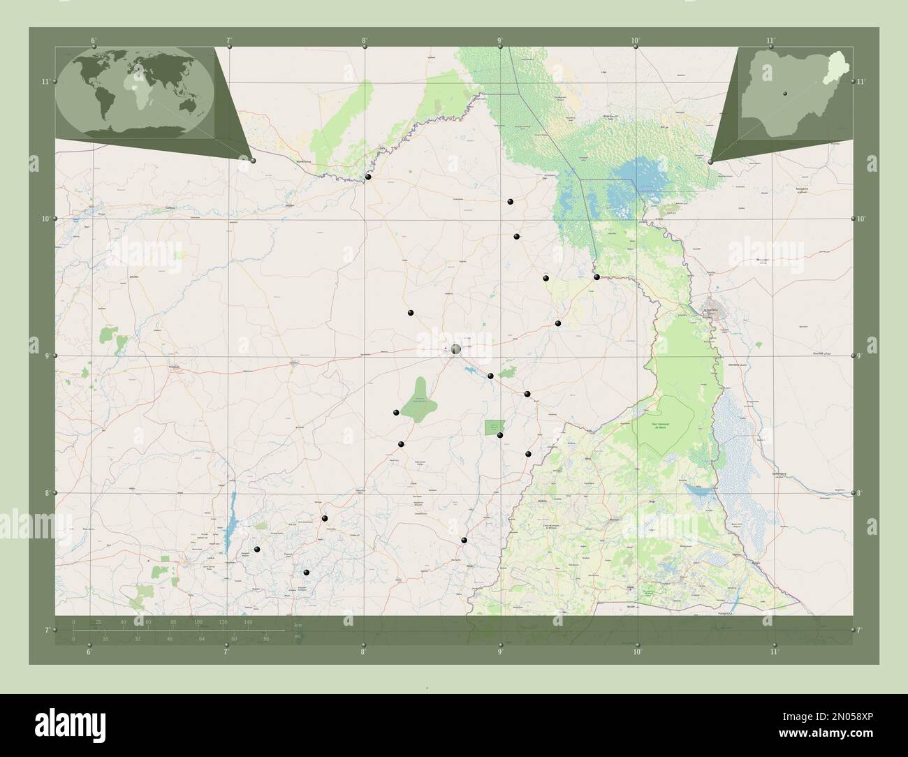 Borno, state of Nigeria. Open Street Map. Locations of major cities of the region. Corner auxiliary location maps Stock Photo