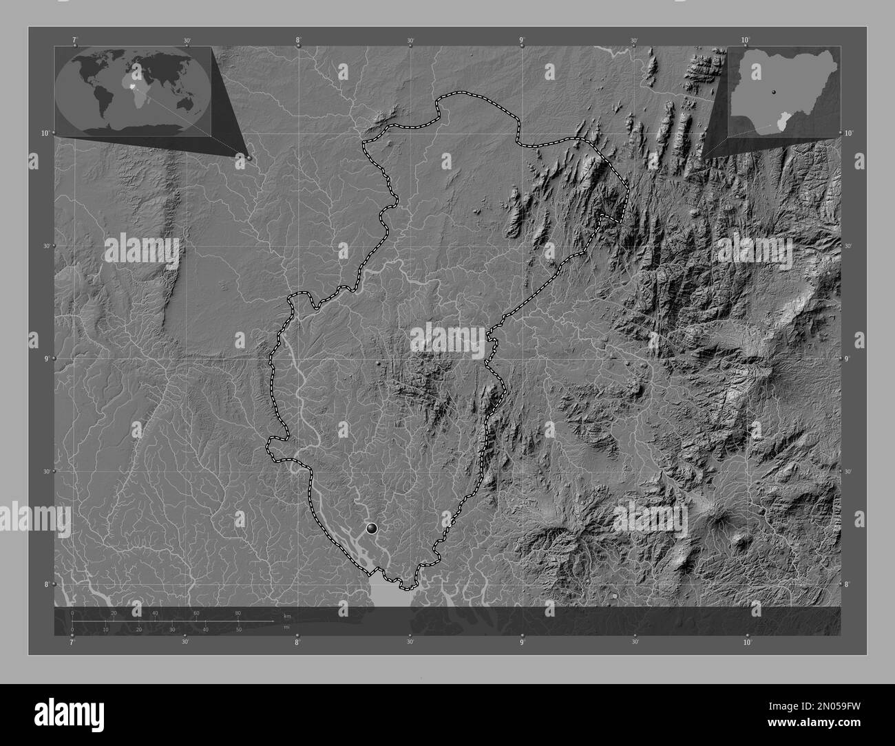 Cross River, state of Nigeria. Bilevel elevation map with lakes and