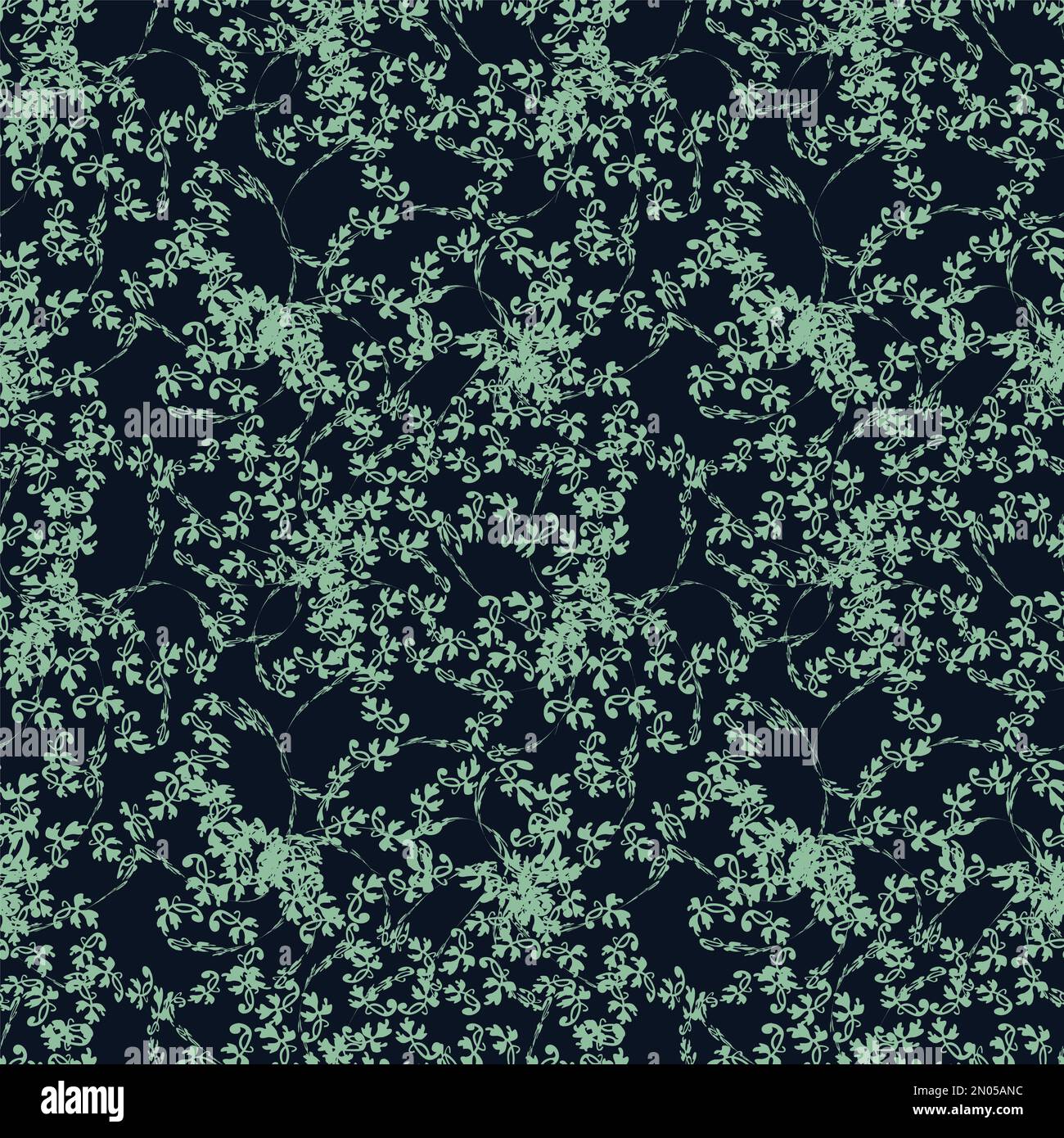 Seamless simple cute pattern of green curled design elements like plants on navy background.Endless ornament.Colourful backdrop for fabric,textile Stock Photo