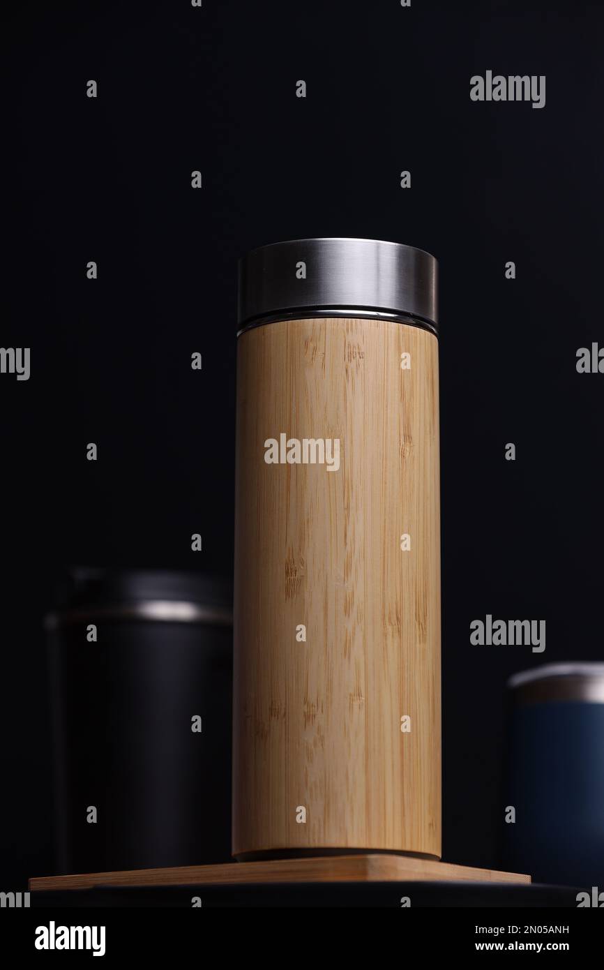 Modern water bottle InstaCuppa Bamboo Thermos Bottle, 500 ml, Double Walled Vacuum water bottle mockup image Stock Photo