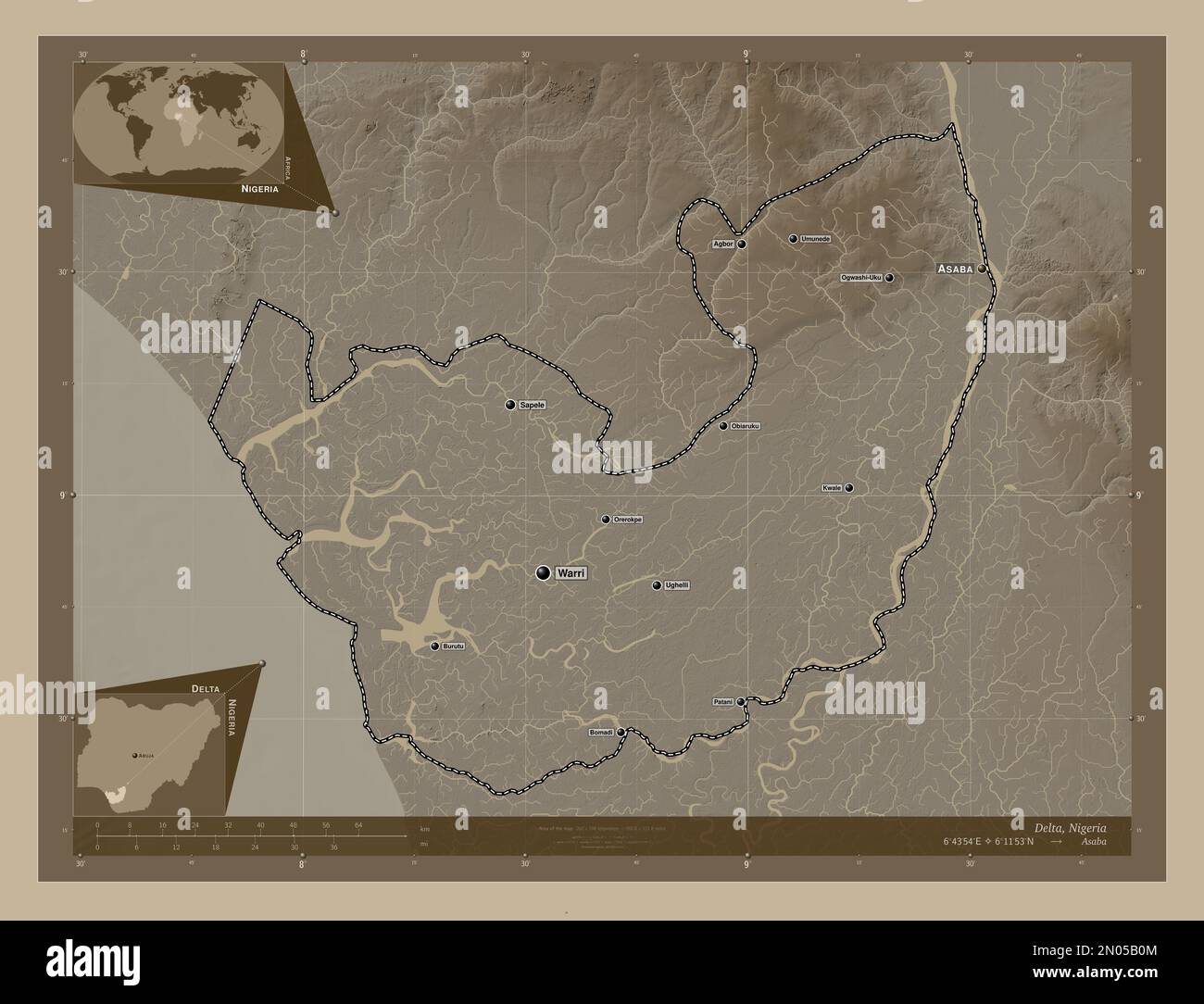 Delta, state of Nigeria. Elevation map colored in sepia tones with lakes and rivers. Locations and names of major cities of the region. Corner auxilia Stock Photo