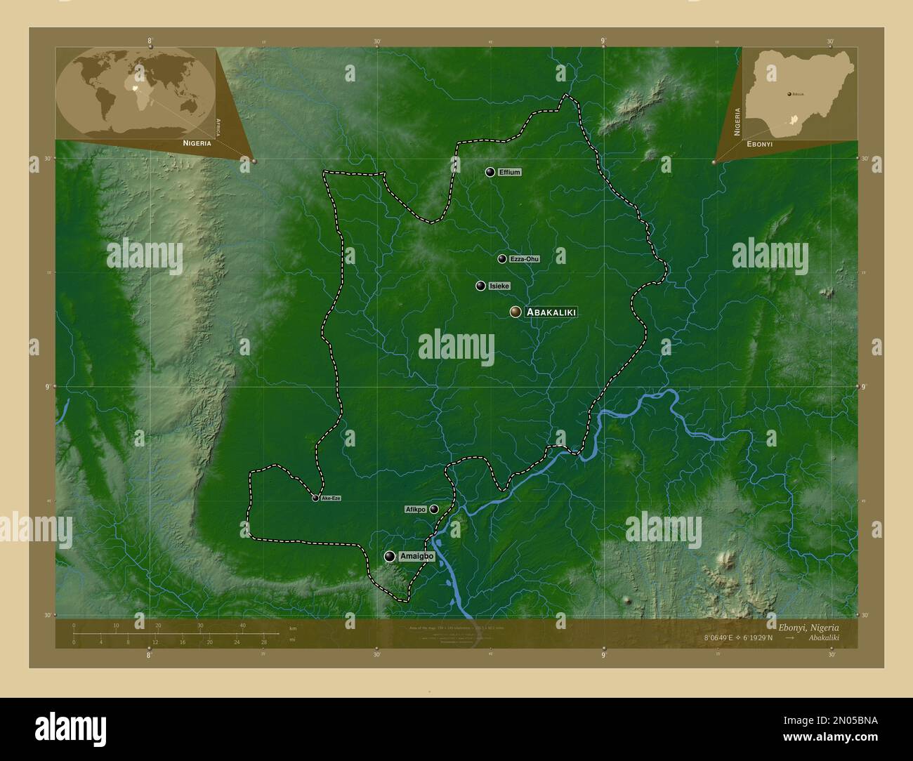 Ebonyi, state of Nigeria. Colored elevation map with lakes and rivers