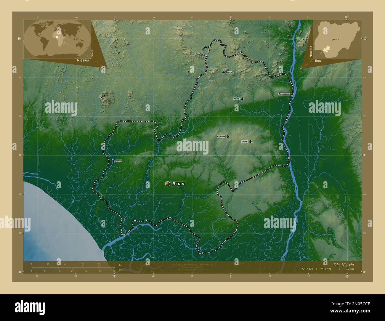 Edo, state of Nigeria. Colored elevation map with lakes and rivers. Locations and names of major
