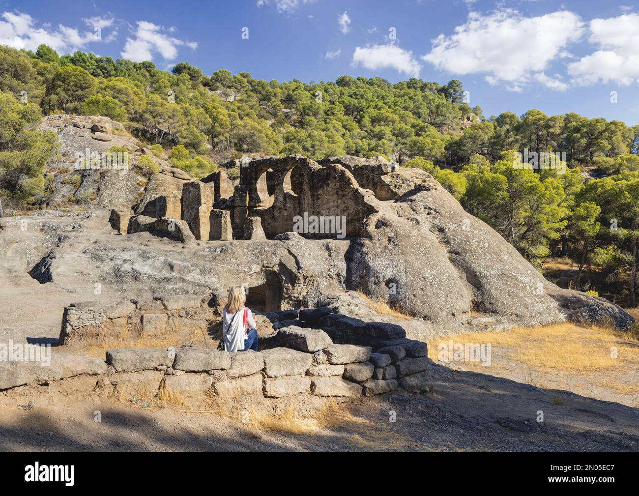 Bobastro, Malaga Province, Andalusia, southern Spain.  Ruins of the Mozarabe rock hewn church built by Umar ibn Hafsun. Stock Photo