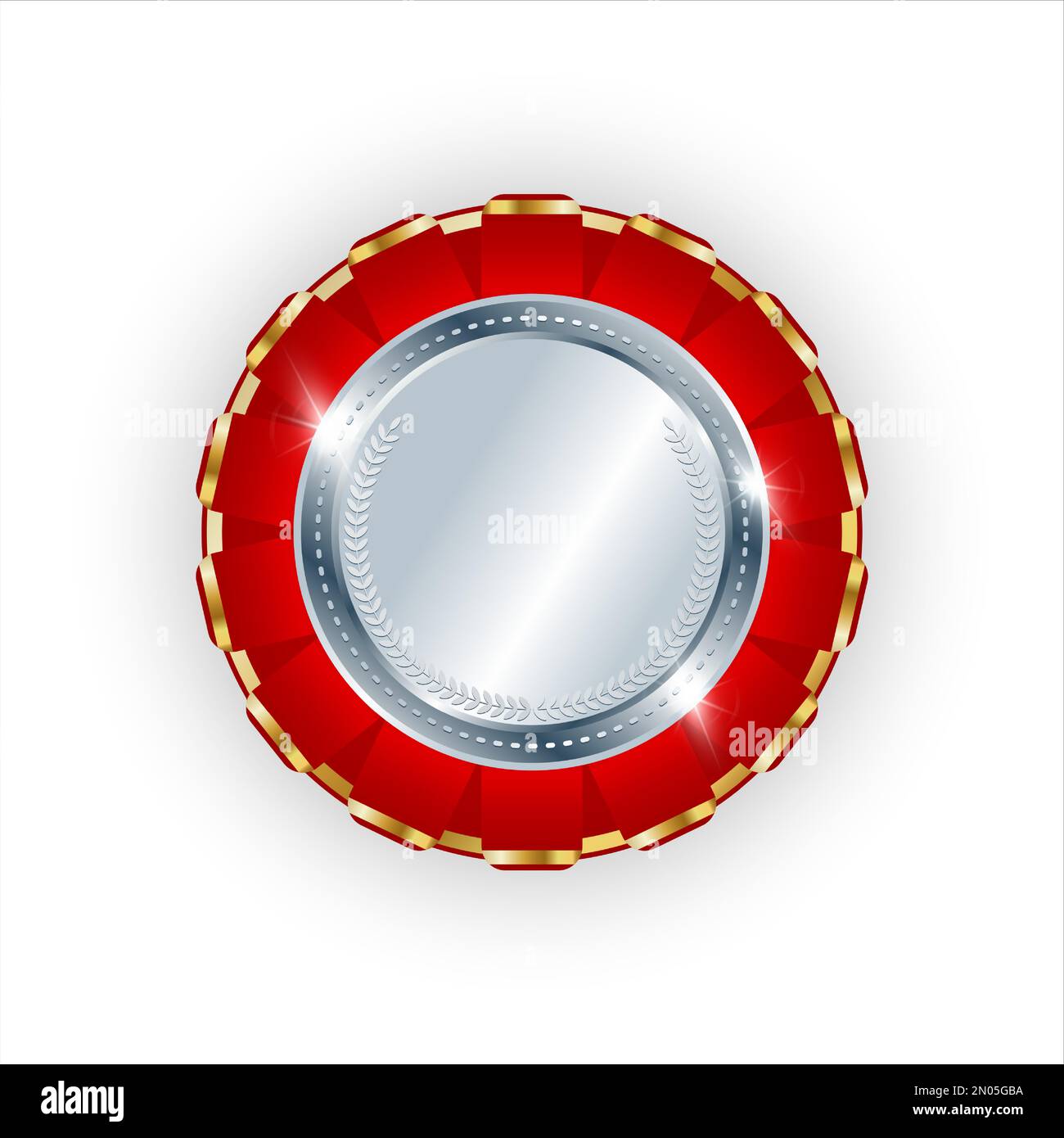 Silver badge with red ribbon. 2nd place award isolated on white