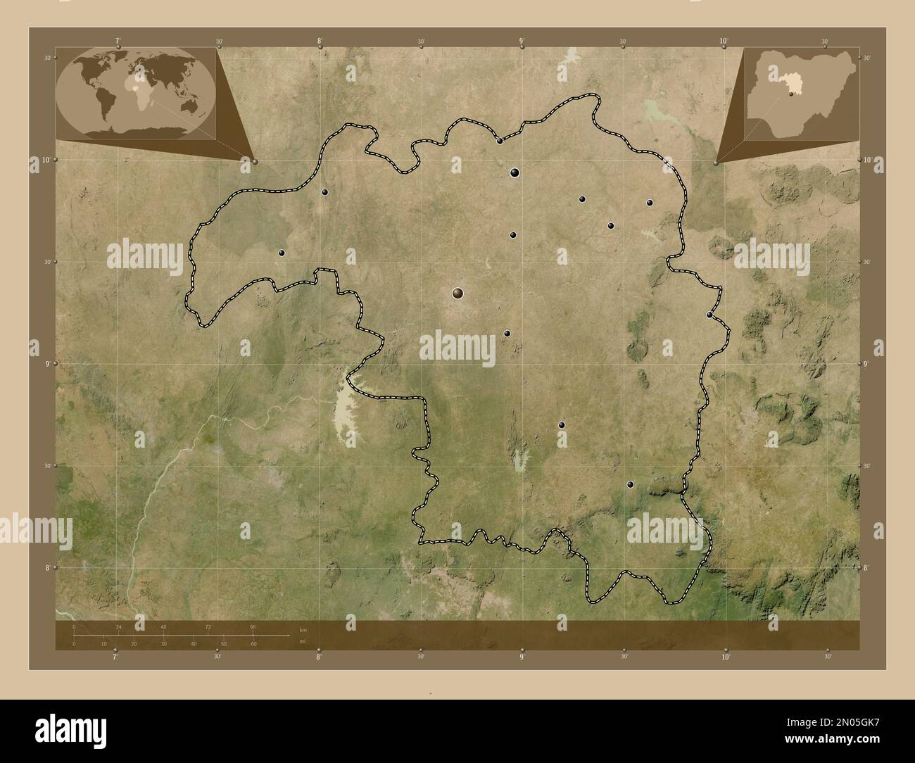 Kaduna, state of Nigeria. Low resolution satellite map. Locations of