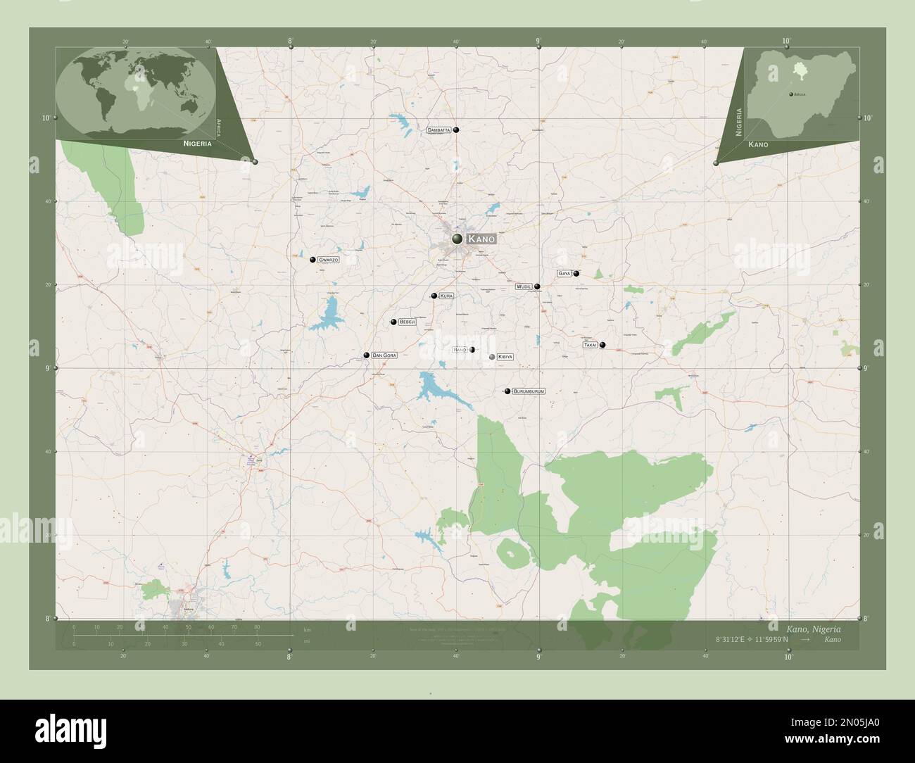 Kano, state of Nigeria. Open Street Map. Locations and names of major cities of the region
