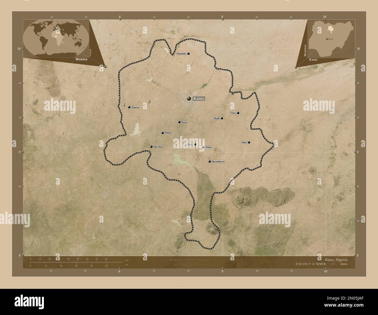 Kano, state of Nigeria. Low resolution satellite map. Locations and names of major cities of the
