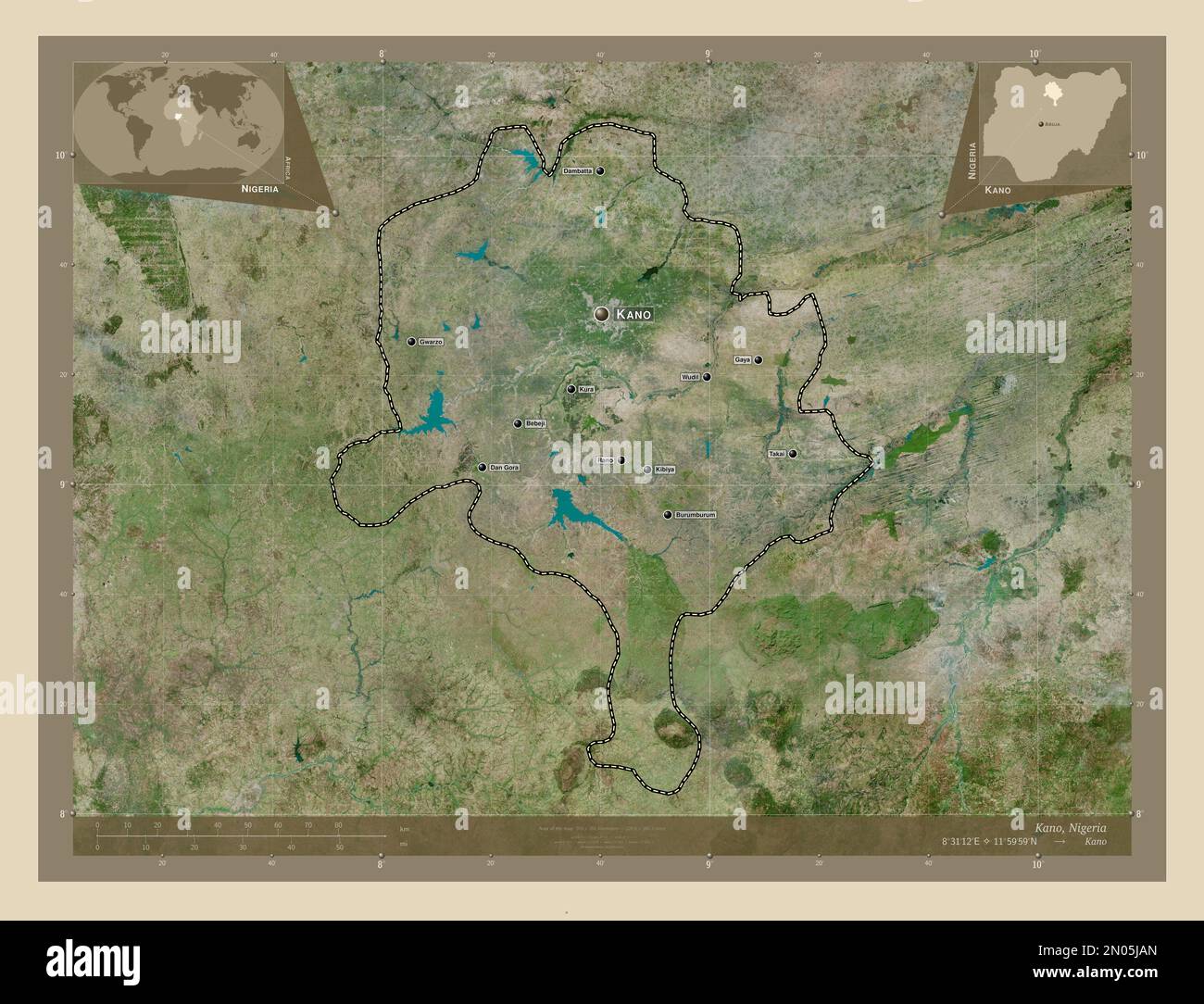 Kano, state of Nigeria. High resolution satellite map. Locations and names of major cities of