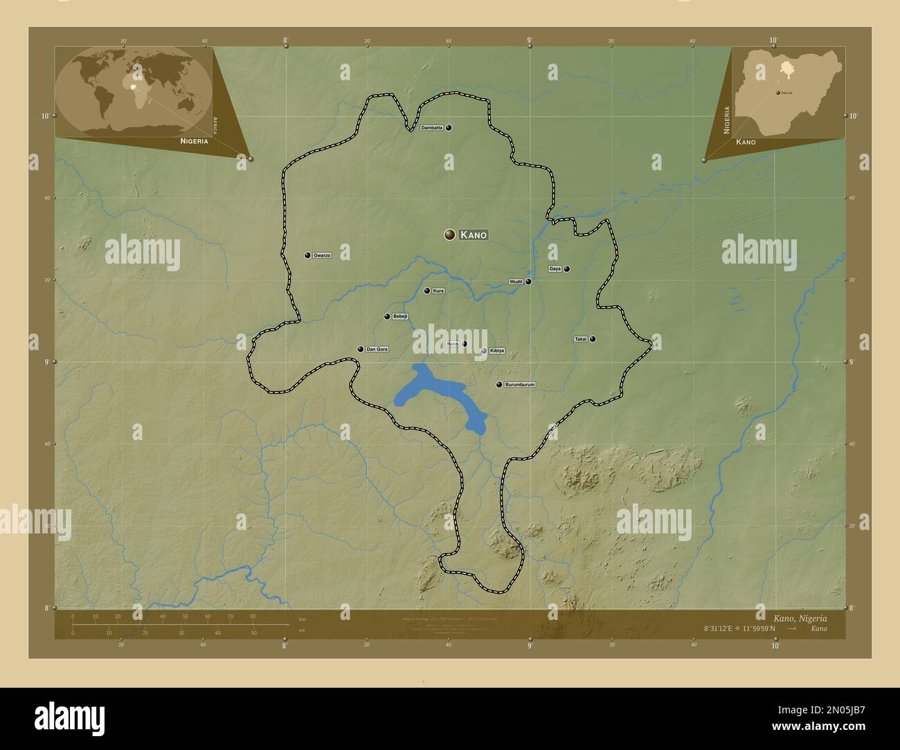 Kano, state of Nigeria. Colored elevation map with lakes and rivers. Locations and names of