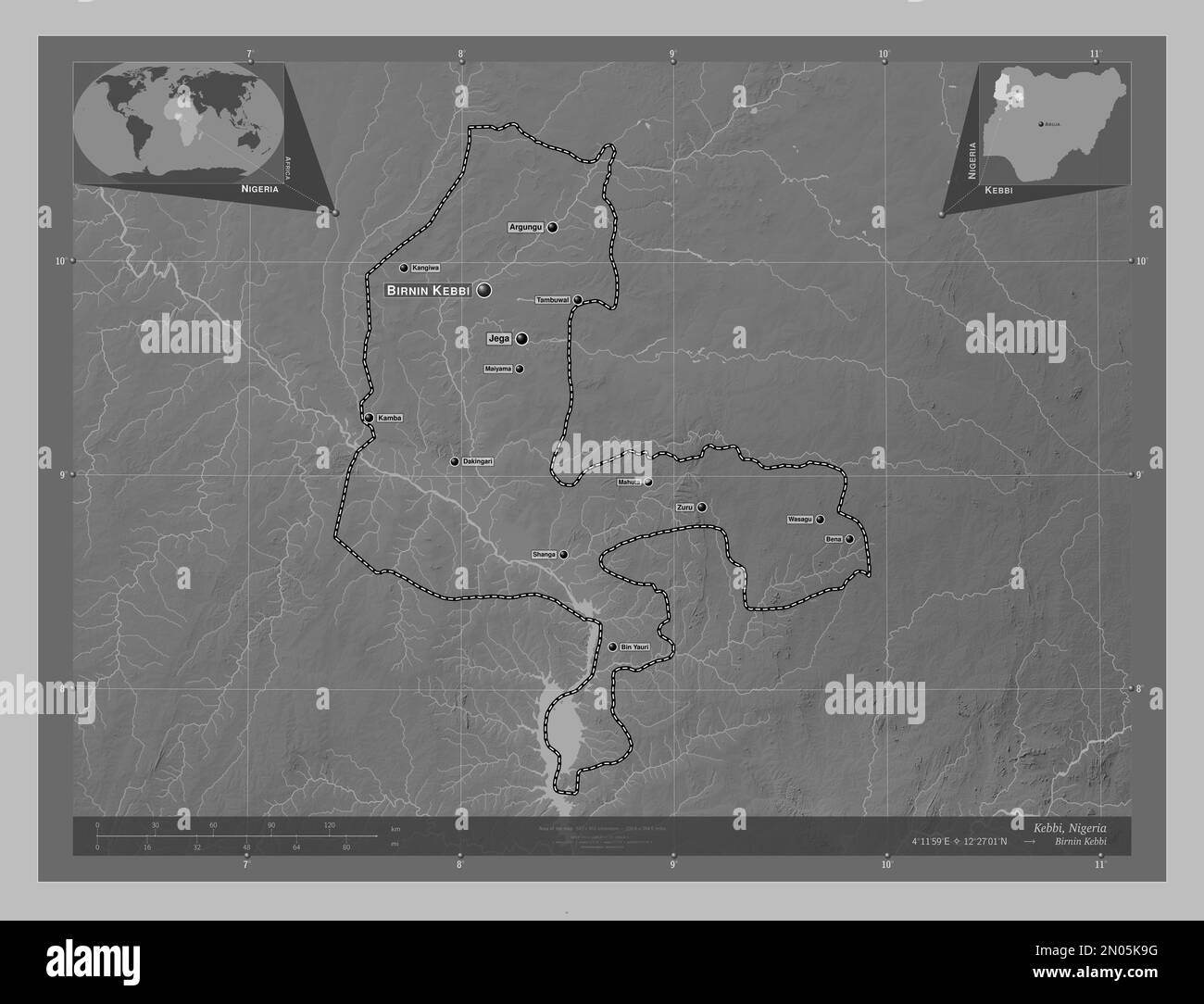 Kebbi, state of Nigeria. Grayscale elevation map with lakes and rivers. Locations and names of major cities of the region. Corner auxiliary location m Stock Photo