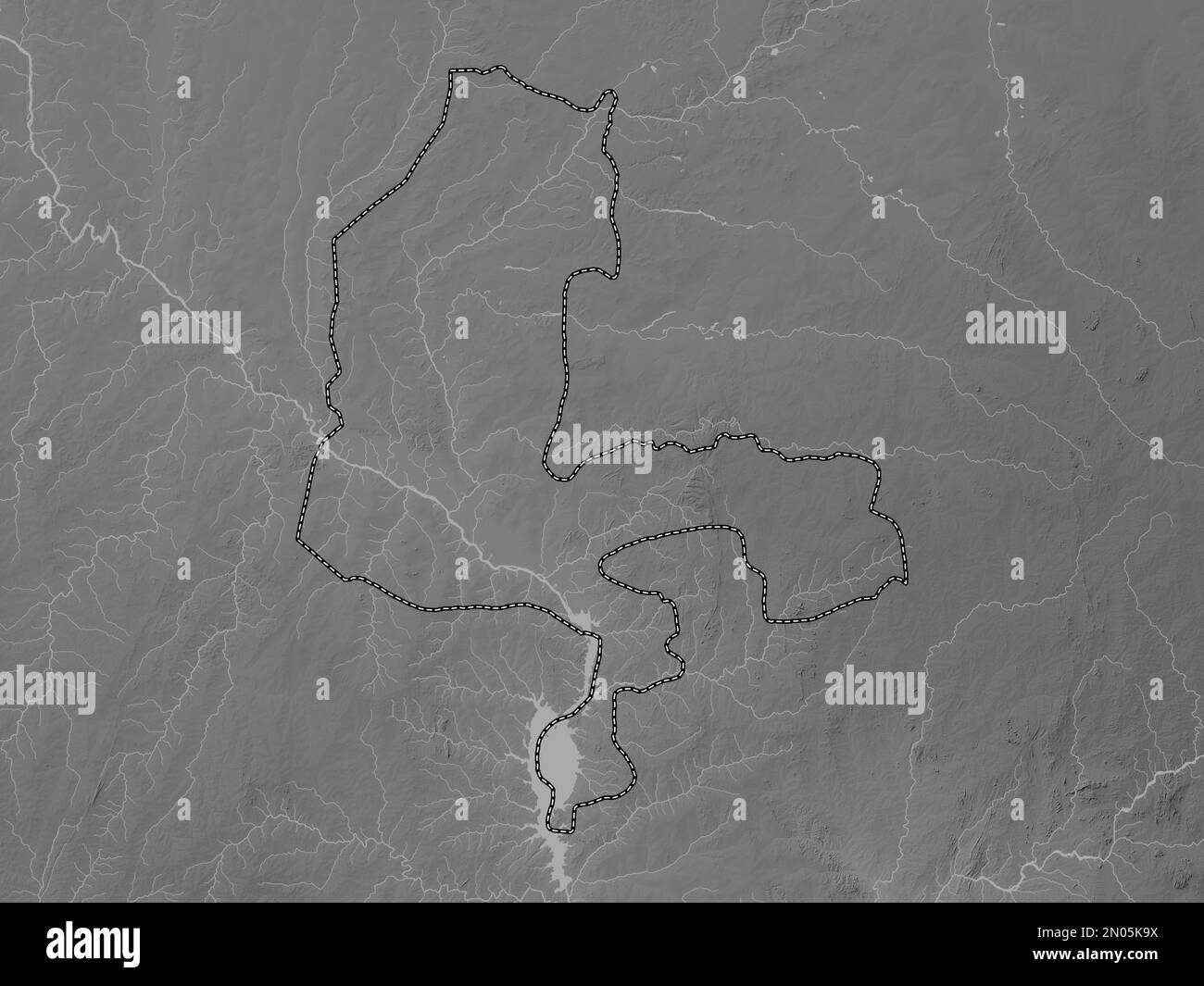 Kebbi, state of Nigeria. Grayscale elevation map with lakes and rivers Stock Photo