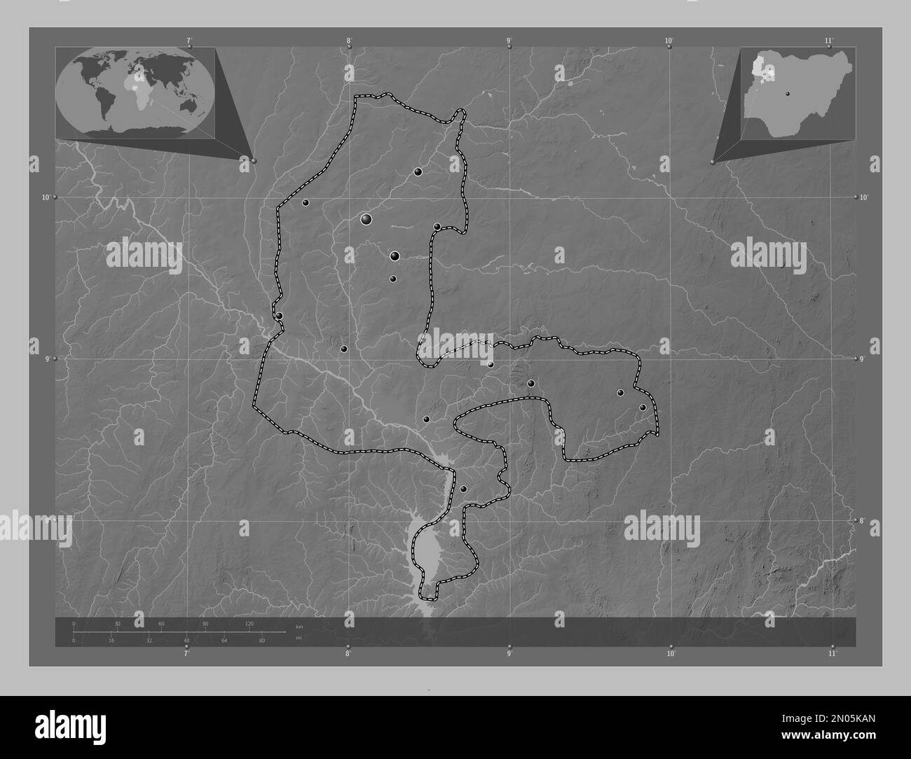 Kebbi, state of Nigeria. Grayscale elevation map with lakes and rivers. Locations of major cities of the region. Corner auxiliary location maps Stock Photo