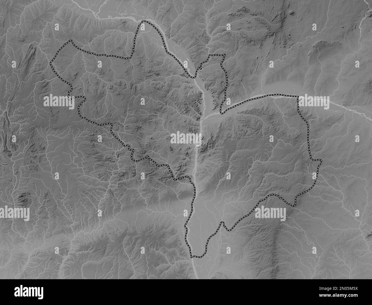 Kogi, state of Nigeria. Grayscale elevation map with lakes and rivers