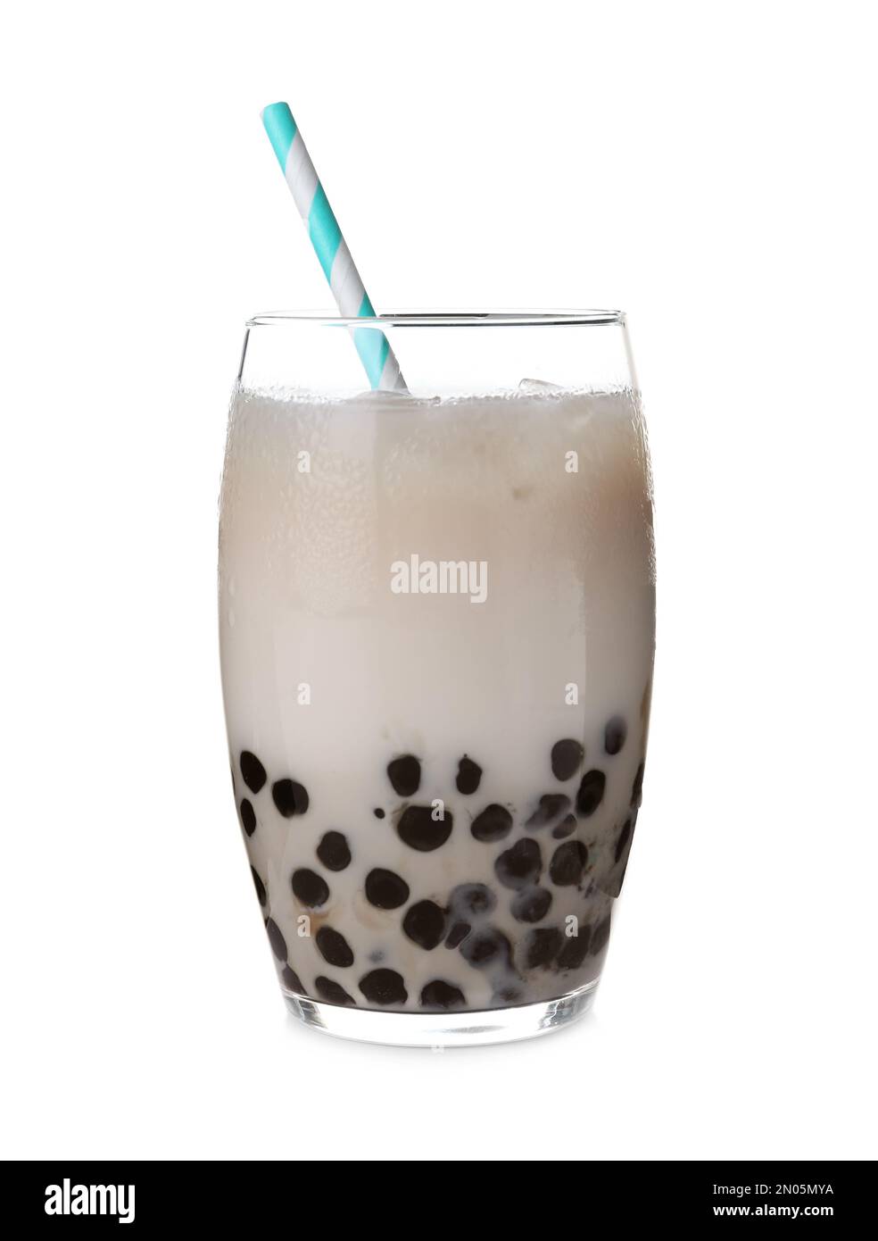 Bubble milk tea with tapioca balls in glass isolated on white Stock
