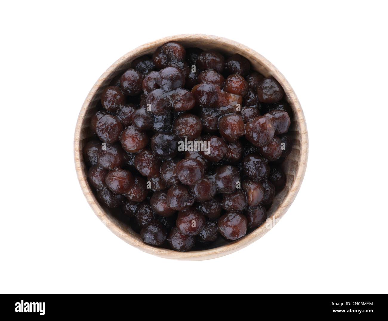 Tapioca balls for milk bubble tea in bowl isolated on white, top view