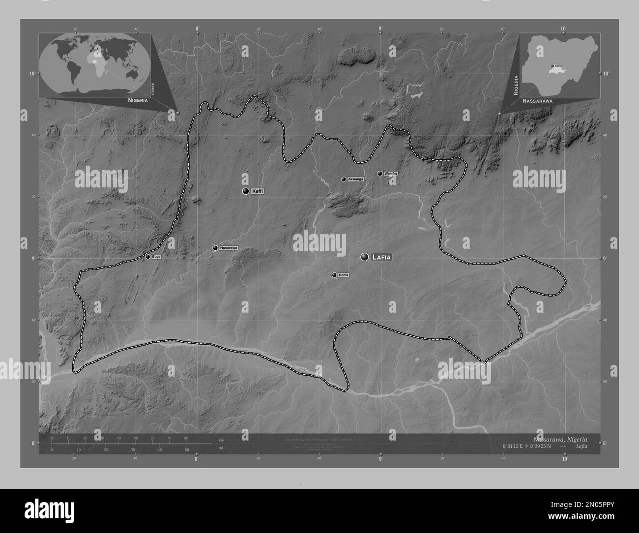 Nassarawa, state of Nigeria. Grayscale elevation map with lakes and