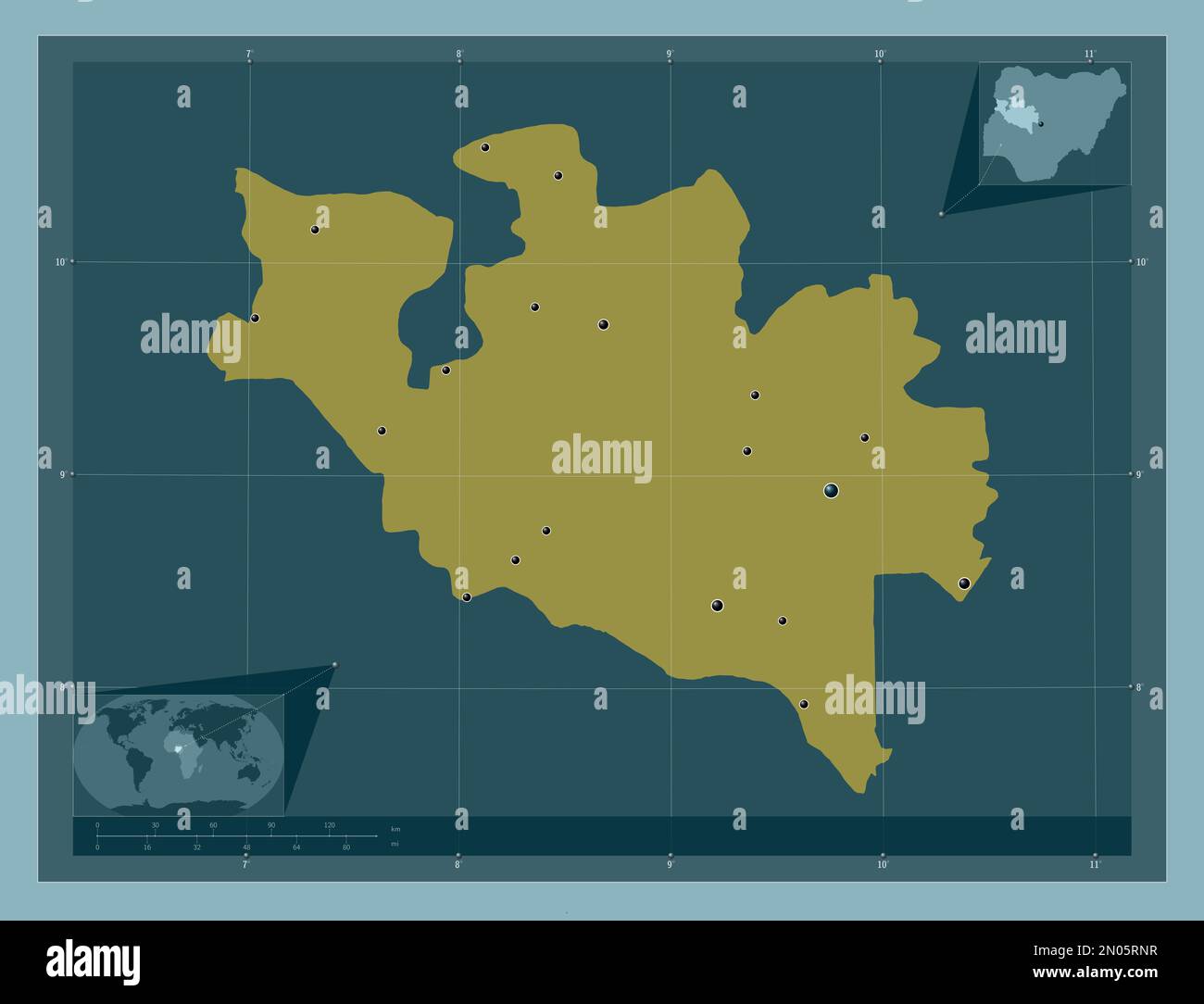 Niger, state of Nigeria. Solid color shape. Locations of major cities ...