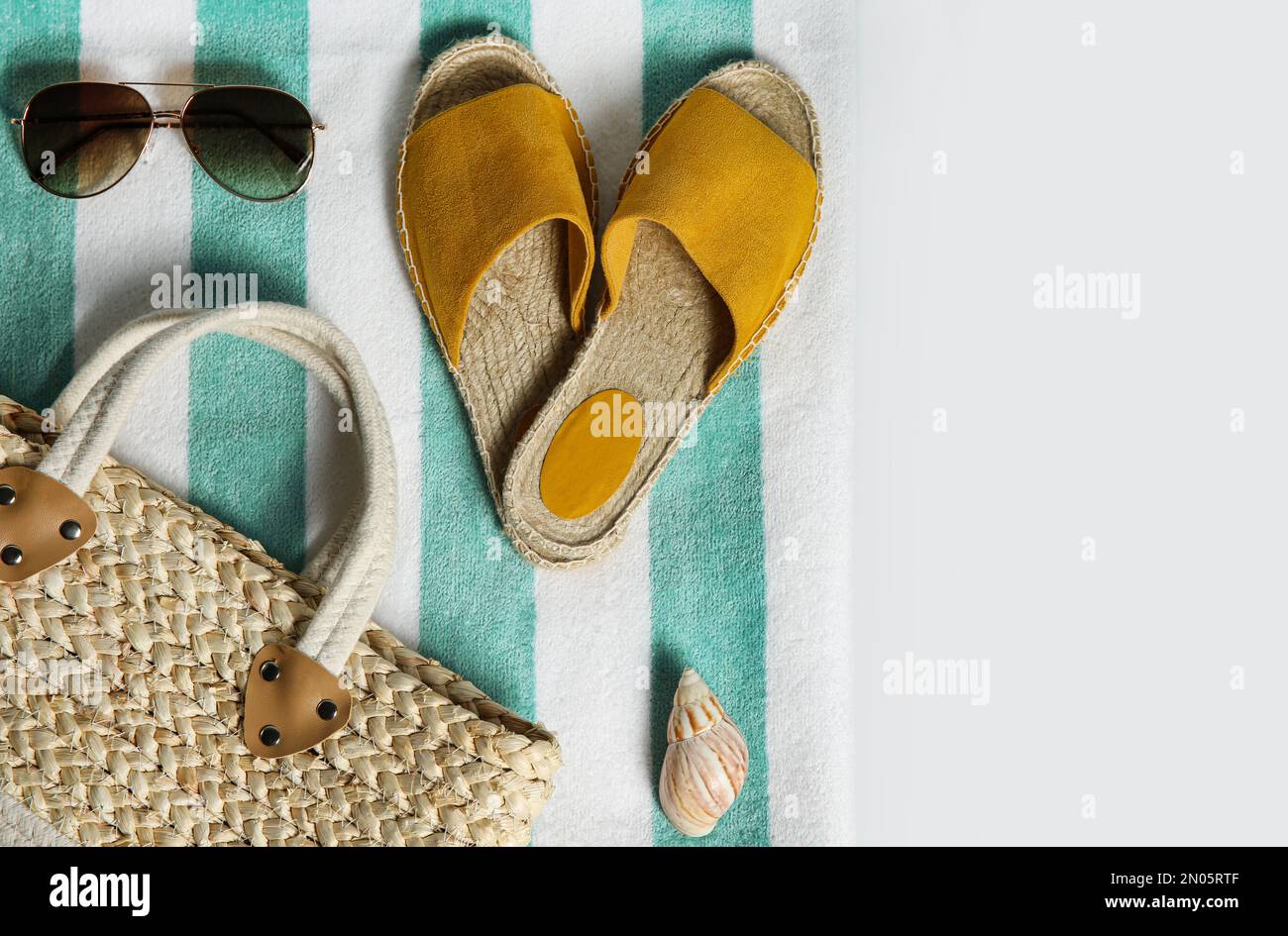Composition with stylish beach accessories on white background, top view Stock Photo