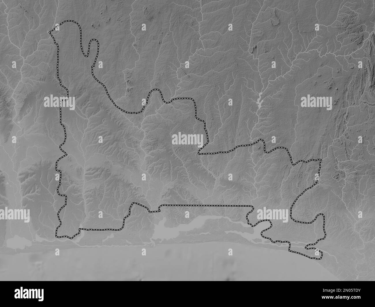 Ogun, state of Nigeria. Grayscale elevation map with lakes and rivers