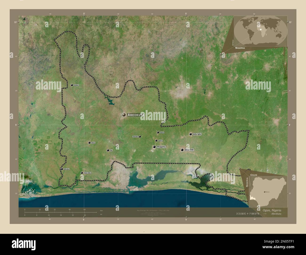 Ogun, state of Nigeria. High resolution satellite map. Locations and