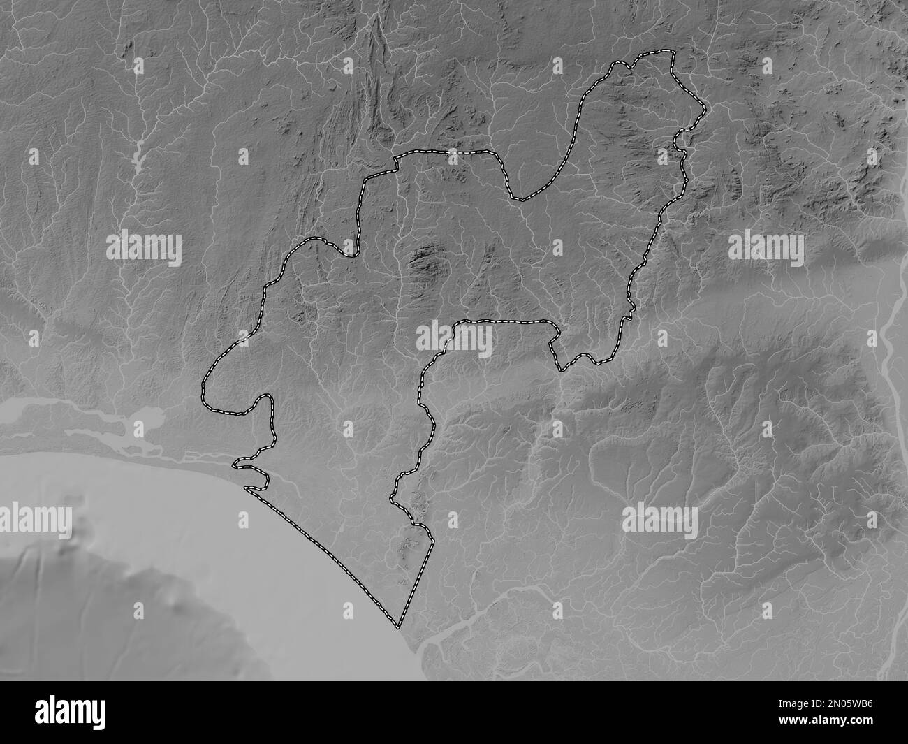 Ondo, state of Nigeria. Grayscale elevation map with lakes and rivers Stock Photo