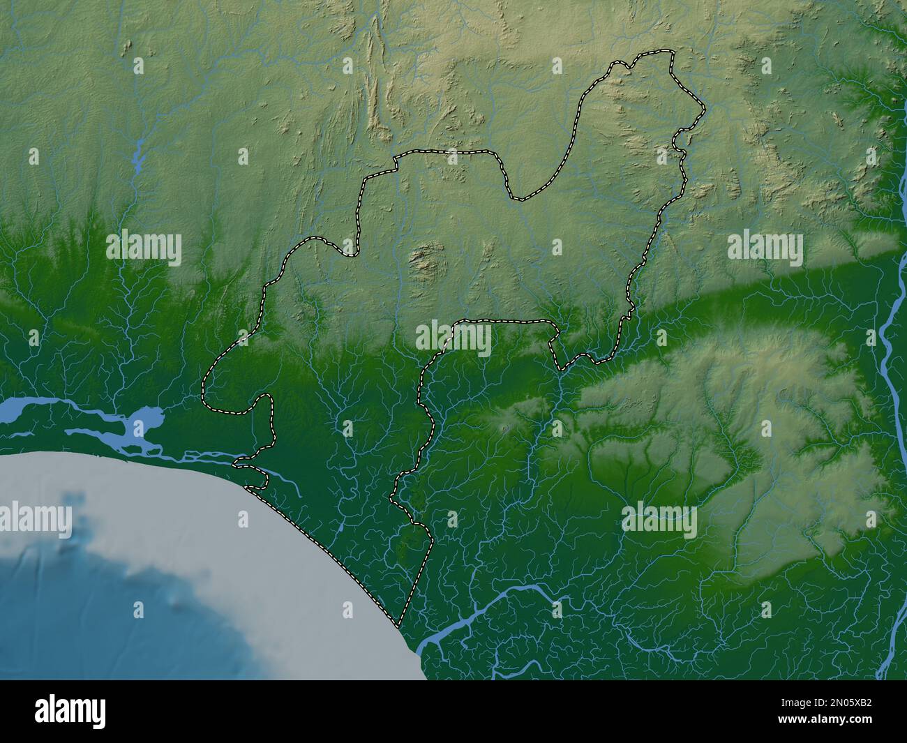 Ondo, state of Nigeria. Colored elevation map with lakes and rivers Stock Photo