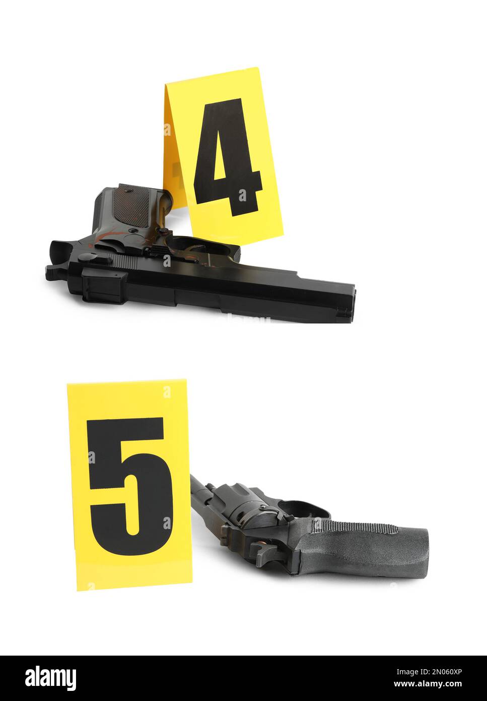 Crime scene investigation. Evidence identification markers and guns on white background Stock Photo