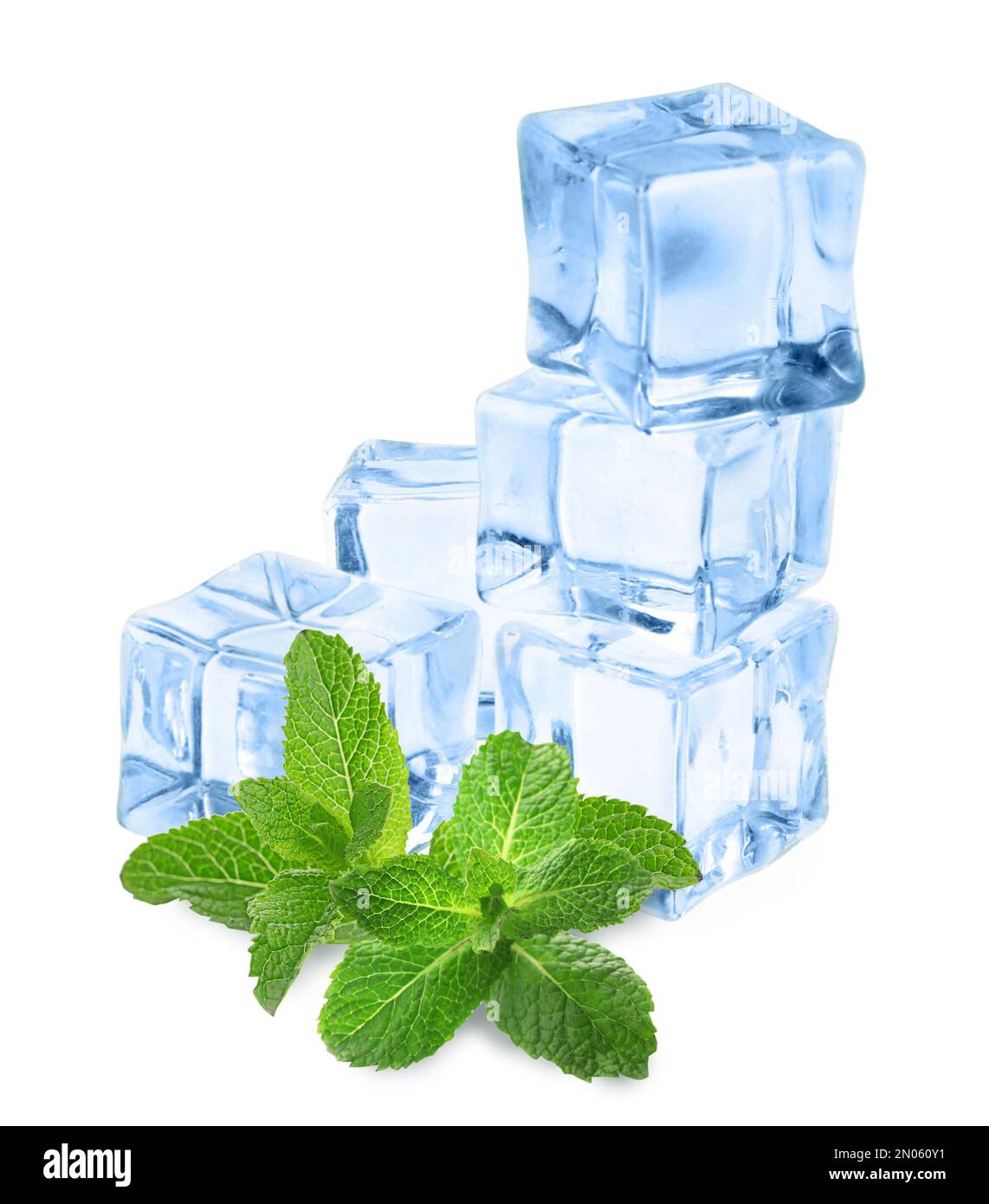 Ice cubes and green mint leaves on white background Stock Photo - Alamy