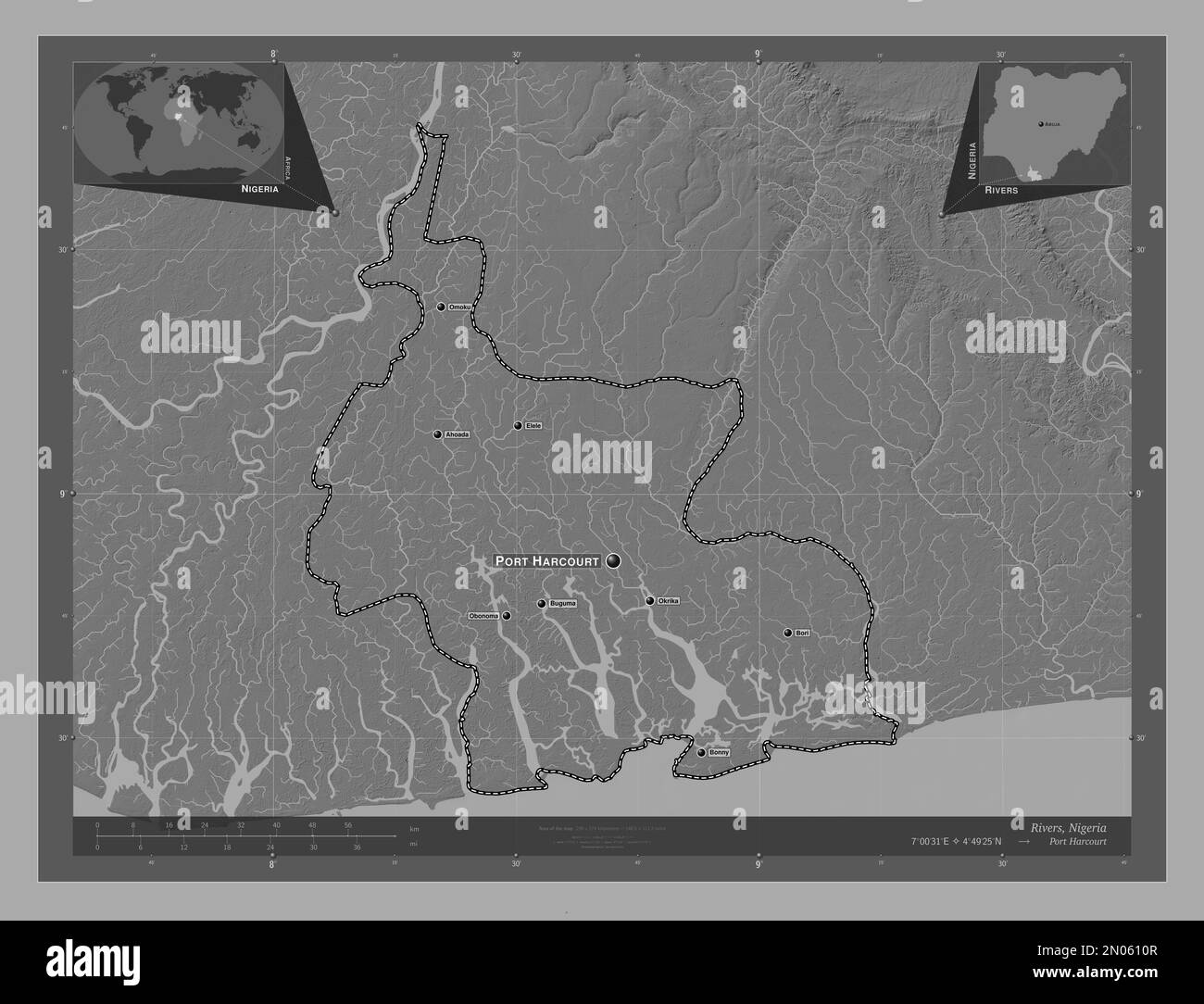 Rivers, state of Nigeria. Bilevel elevation map with lakes and rivers
