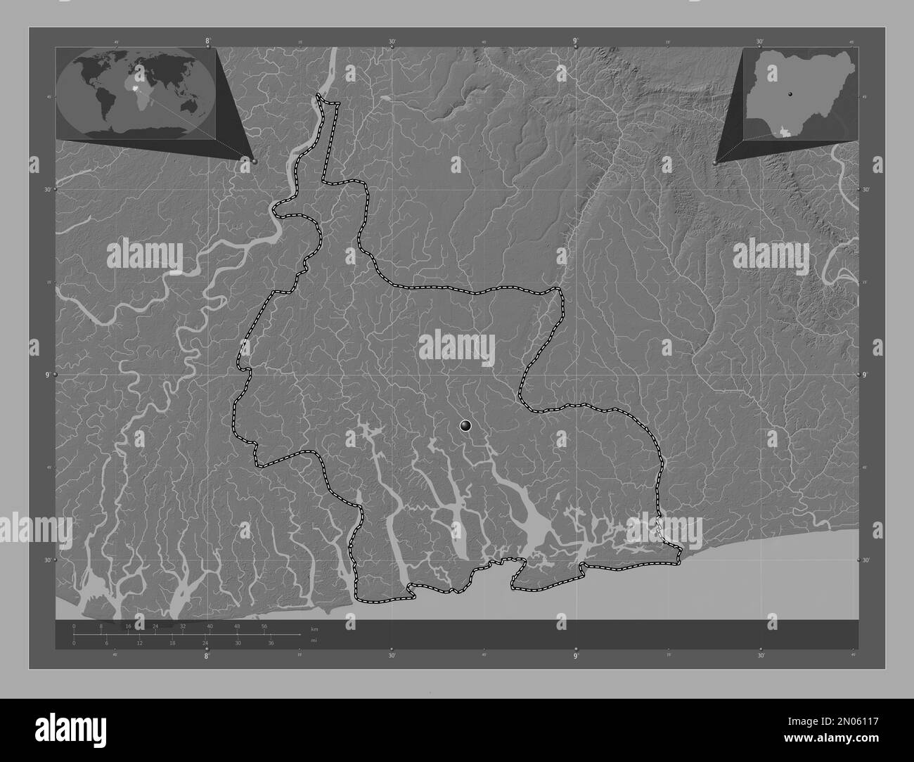 Rivers, state of Nigeria. Bilevel elevation map with lakes and rivers ...