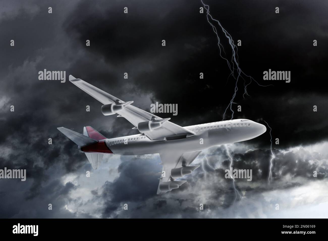 Airplane flying in cloudy sky during thunderstorm Stock Photo Alamy