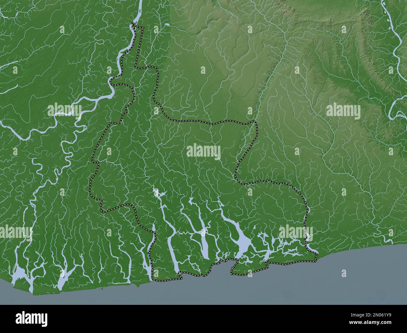 Rivers, state of Nigeria. Elevation map colored in wiki style with