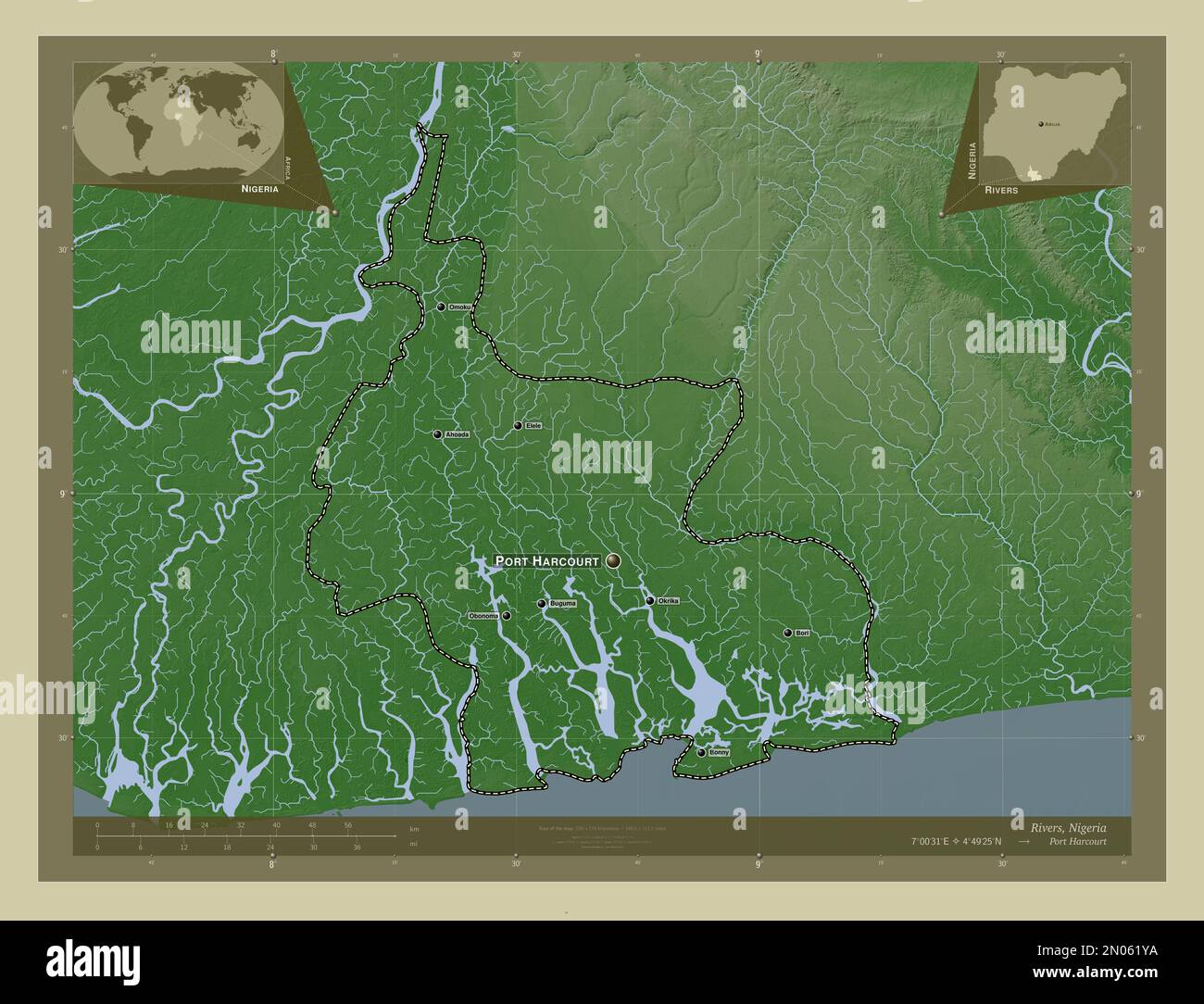 Rivers, state of Nigeria. Elevation map colored in wiki style with